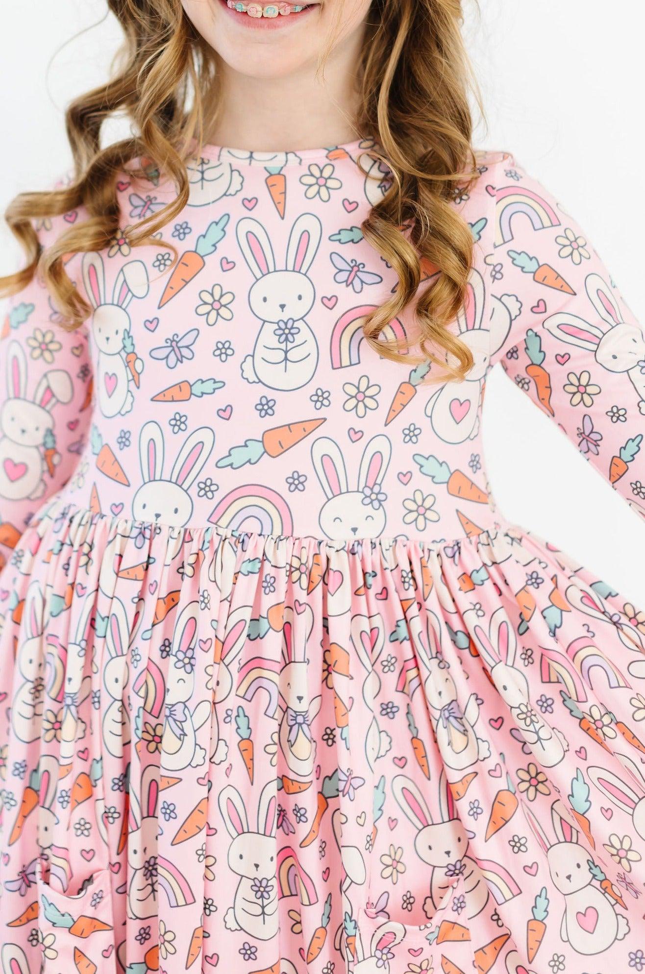 Girls Twirl Dress – Springtime Bunnies 3/4 Sleeve - Blissfully Lavender BoutiqueMila & Rose ®