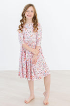 girls spring bunny twirl dress with 3/4 sleeves and pockets