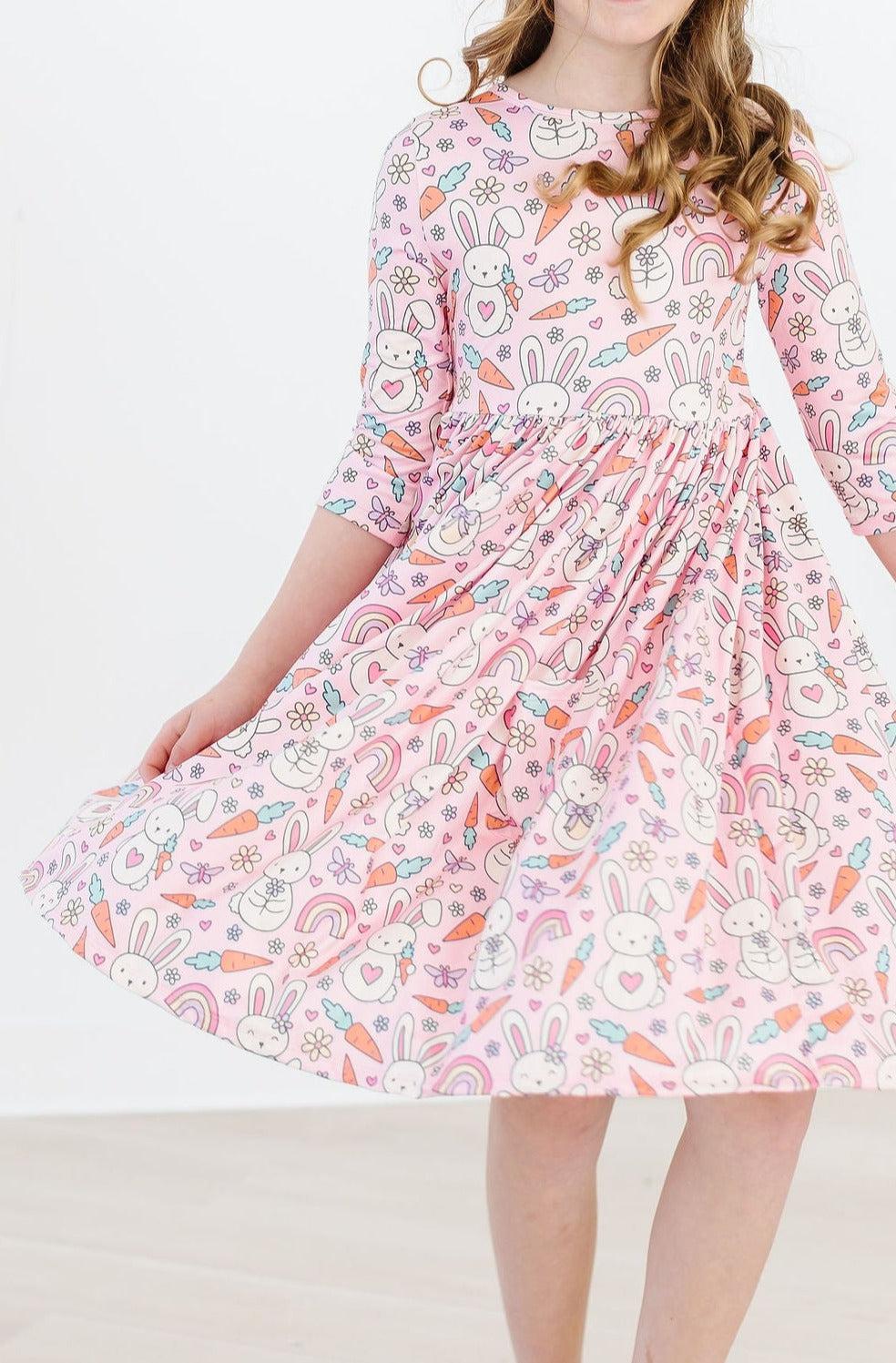 Girls Twirl Dress – Springtime Bunnies 3/4 Sleeve - Blissfully Lavender BoutiqueMila & Rose ®