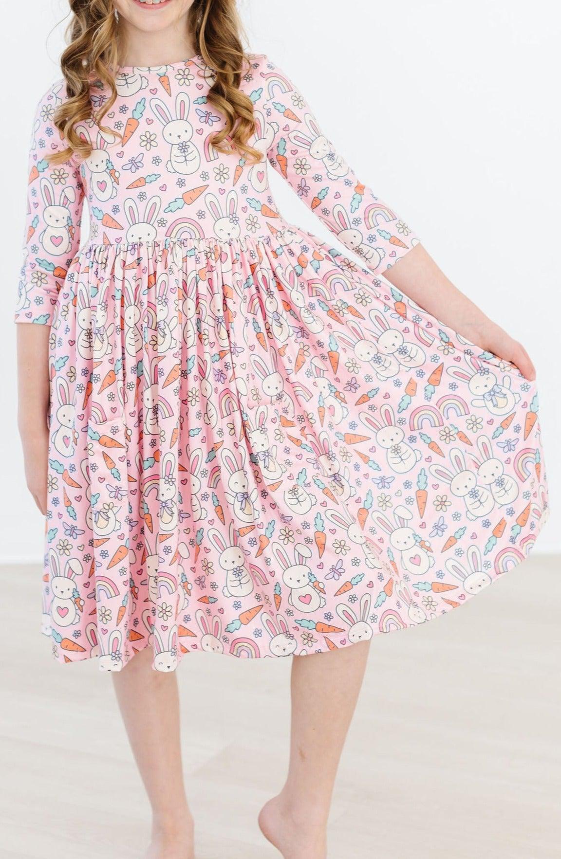 Girls Twirl Dress – Springtime Bunnies 3/4 Sleeve - Blissfully Lavender BoutiqueMila & Rose ®