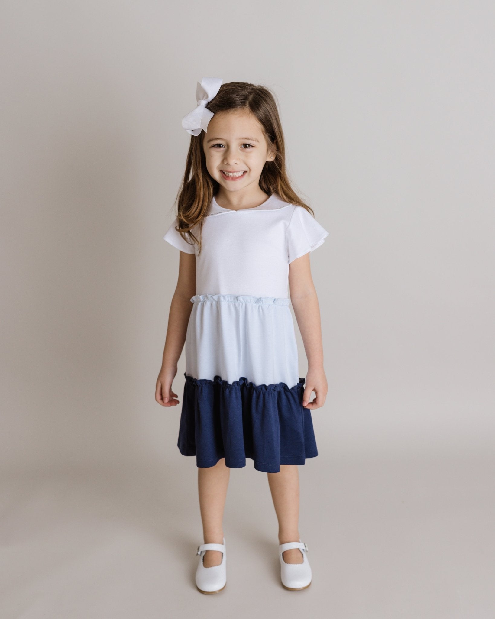 Girls White + Blue School Days Colorblock Pima Dress - Blissfully Lavender BoutiqueCuclie