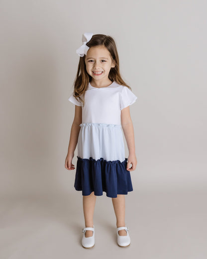 Girls White + Blue School Days Colorblock Pima Dress - Blissfully Lavender BoutiqueCuclie
