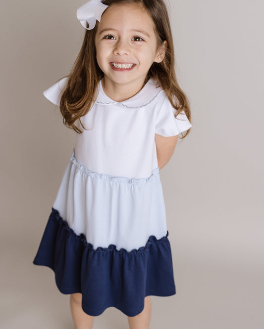 Girls White + Blue School Days Colorblock Pima Dress - Blissfully Lavender BoutiqueCuclie