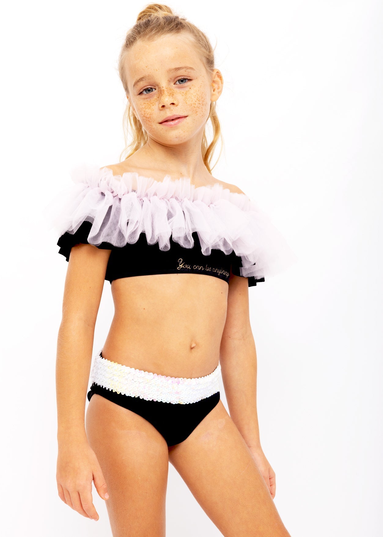 Girls "You Can Be Anything" Black Bikini with Pink Tulle & Sequin Belt - Blissfully Lavender BoutiqueStella Cove