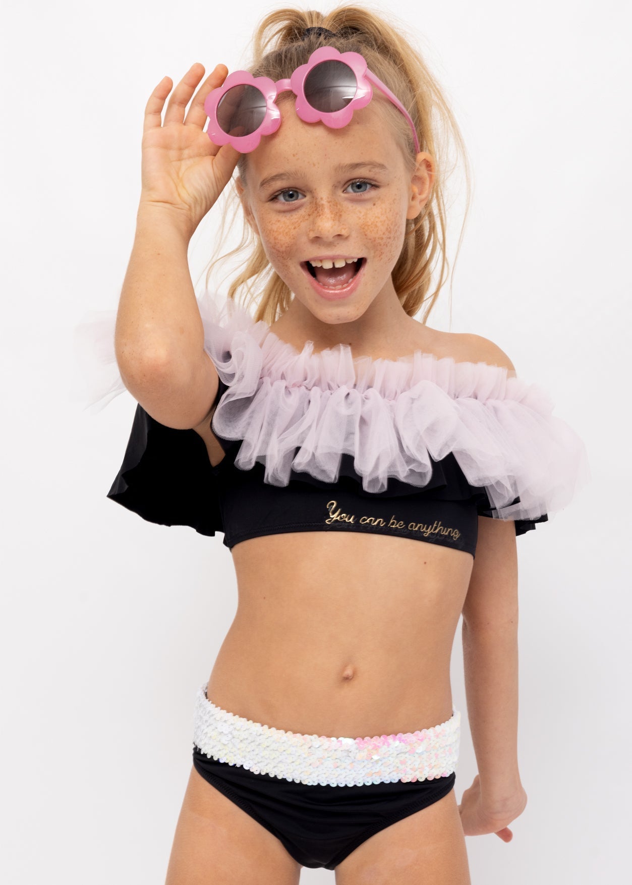Girls "You Can Be Anything" Black Bikini with Pink Tulle & Sequin Belt - Blissfully Lavender BoutiqueStella Cove