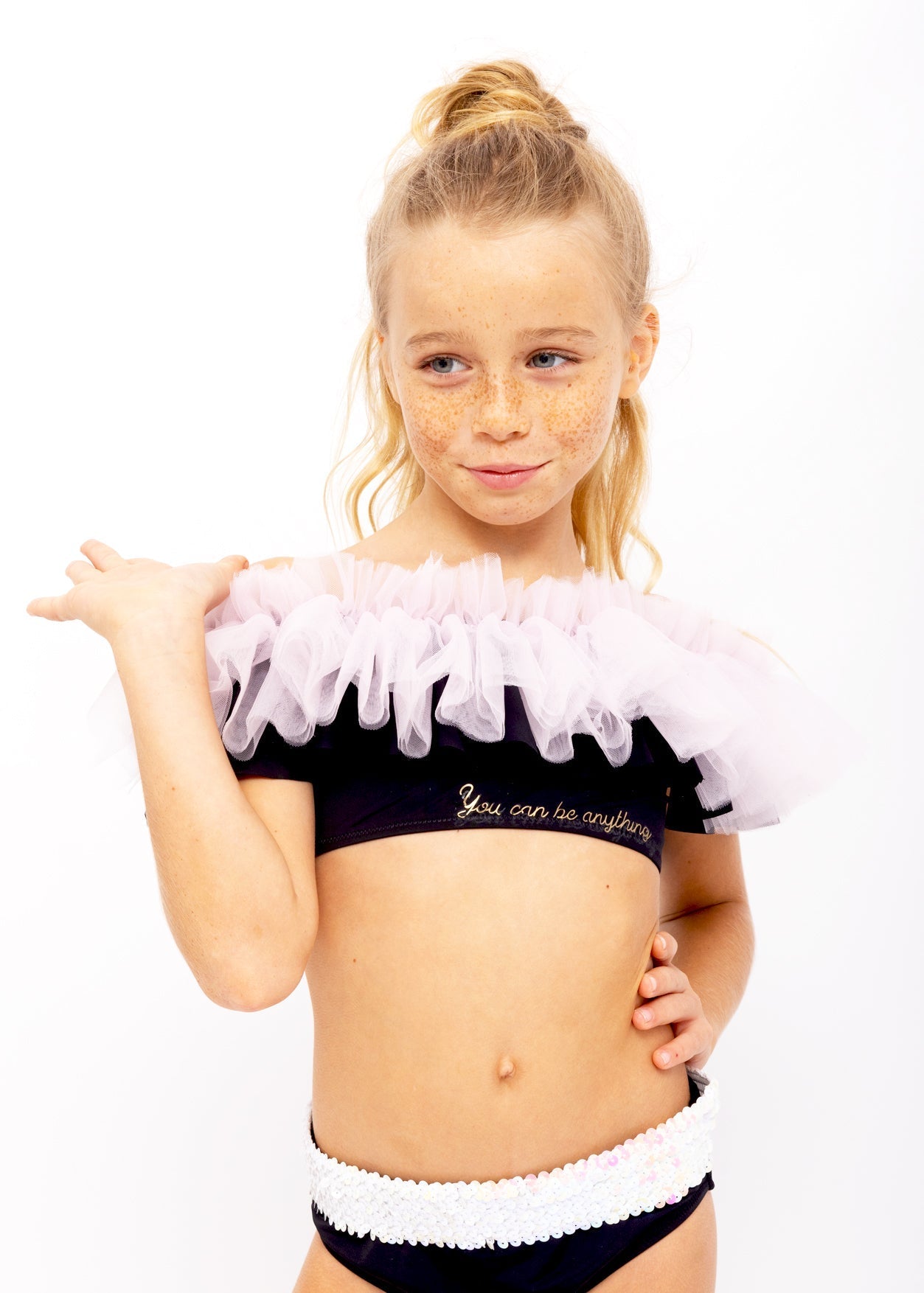 Girls "You Can Be Anything" Black Bikini with Pink Tulle & Sequin Belt - Blissfully Lavender BoutiqueStella Cove
