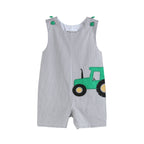 Gray Gingham Green Tractor Appliqué Shortalls