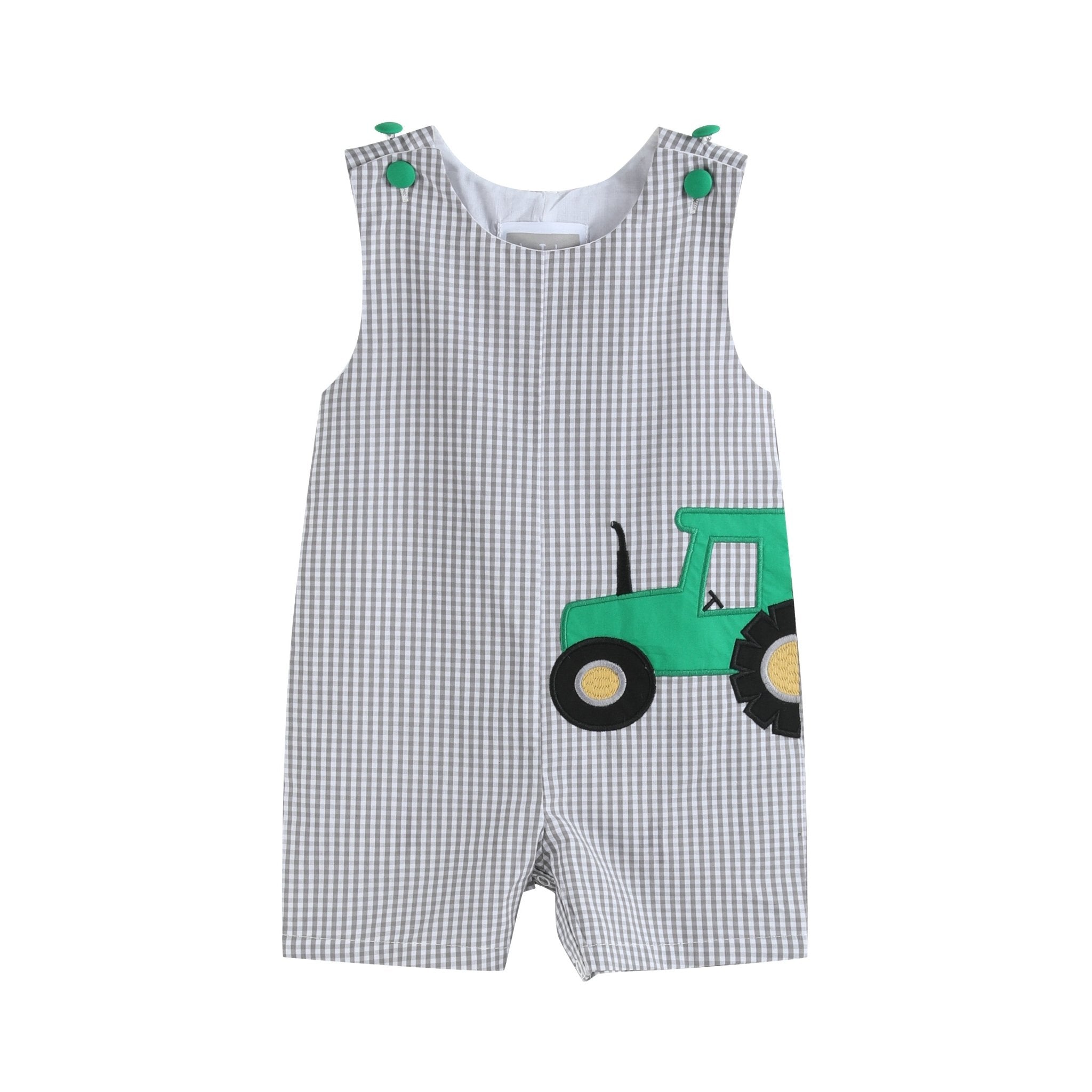 Gray Gingham Green Tractor Appliqué Shortalls