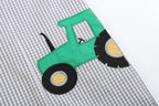 Gray Gingham Green Tractor Appliqué Shortalls