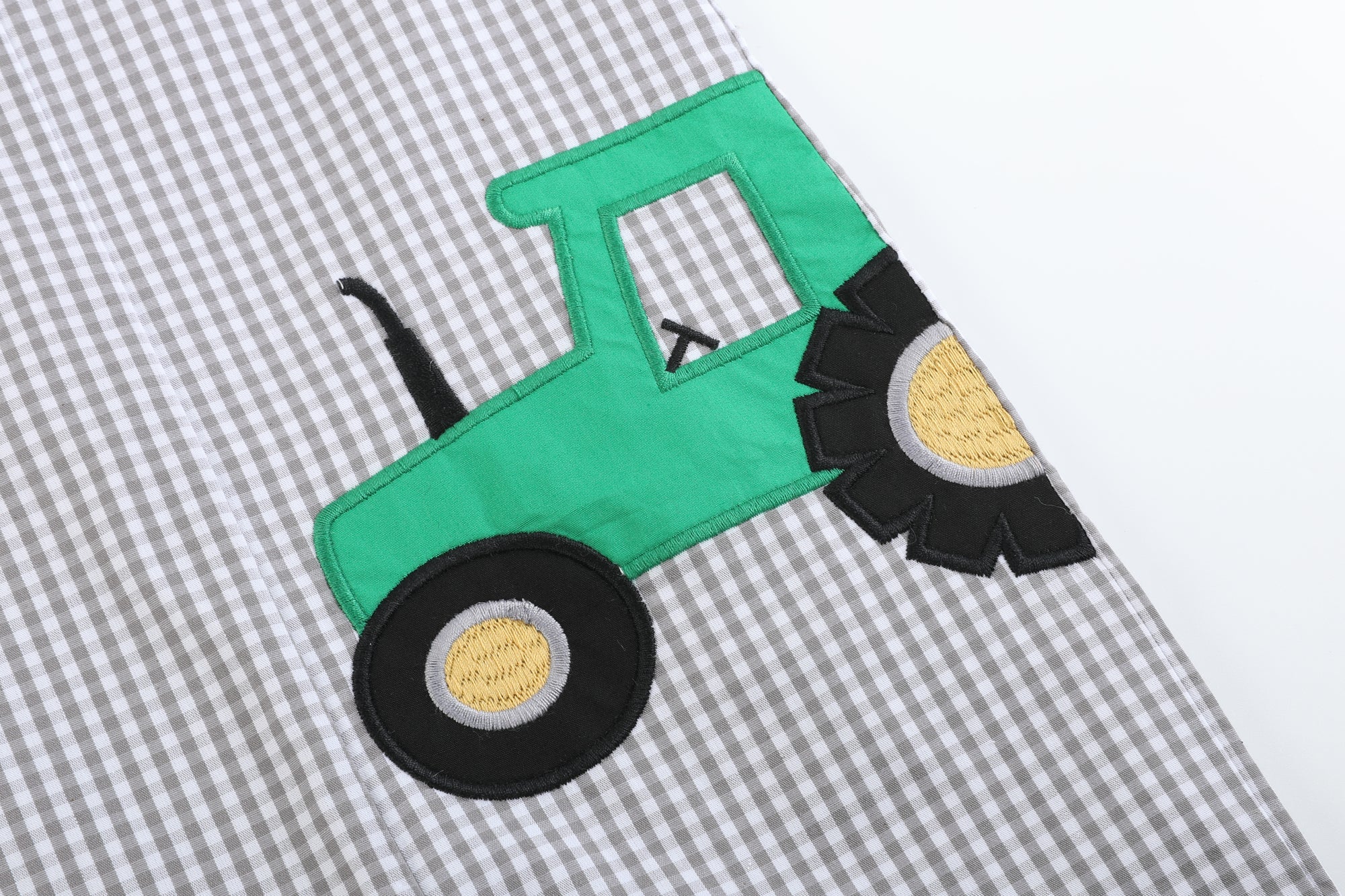Gray Gingham Green Tractor Appliqué Shortalls