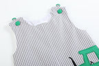 Gray Gingham Green Tractor Appliqué Shortalls