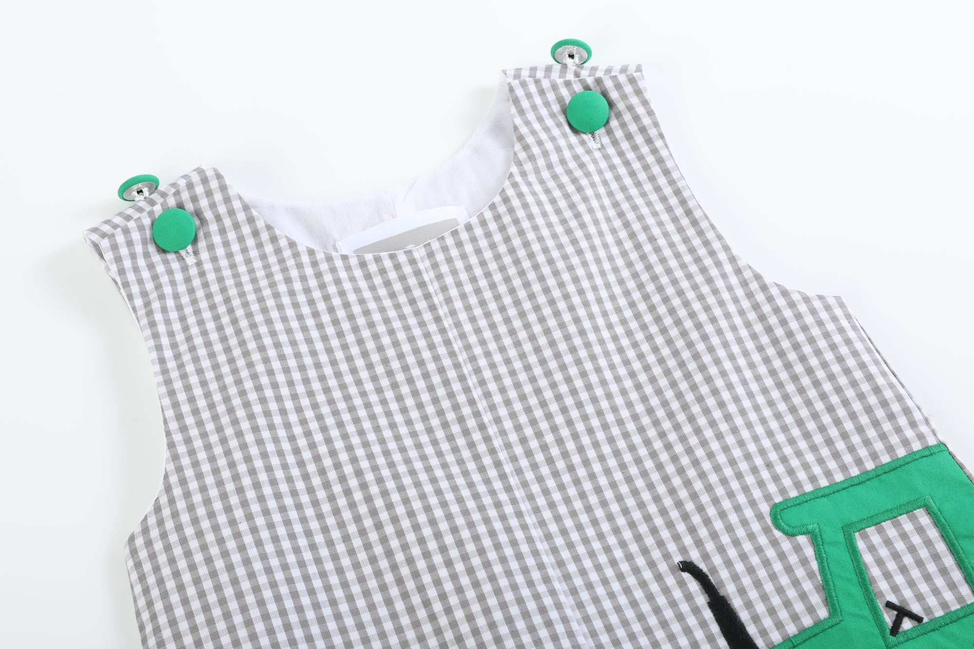 Gray Gingham Green Tractor Appliqué Shortalls