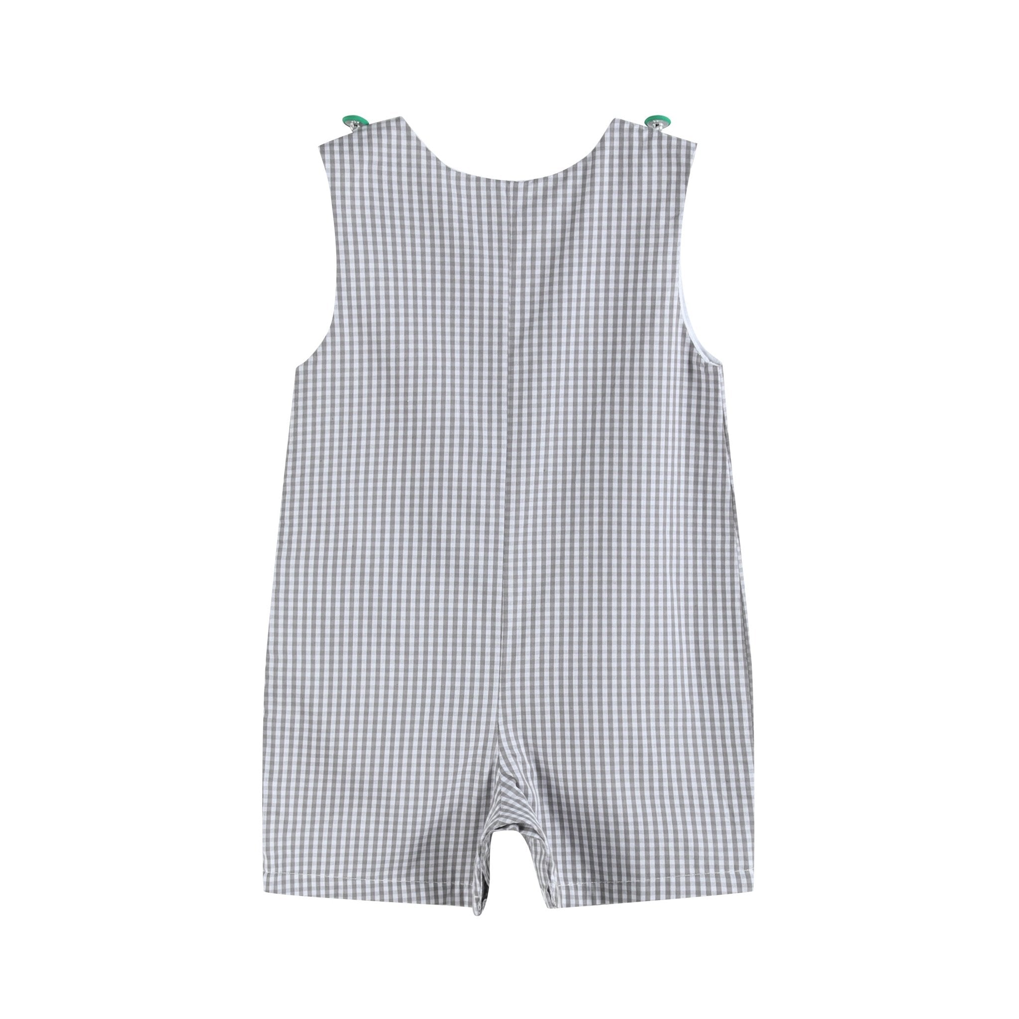 Gray Gingham Green Tractor Appliqué Shortalls