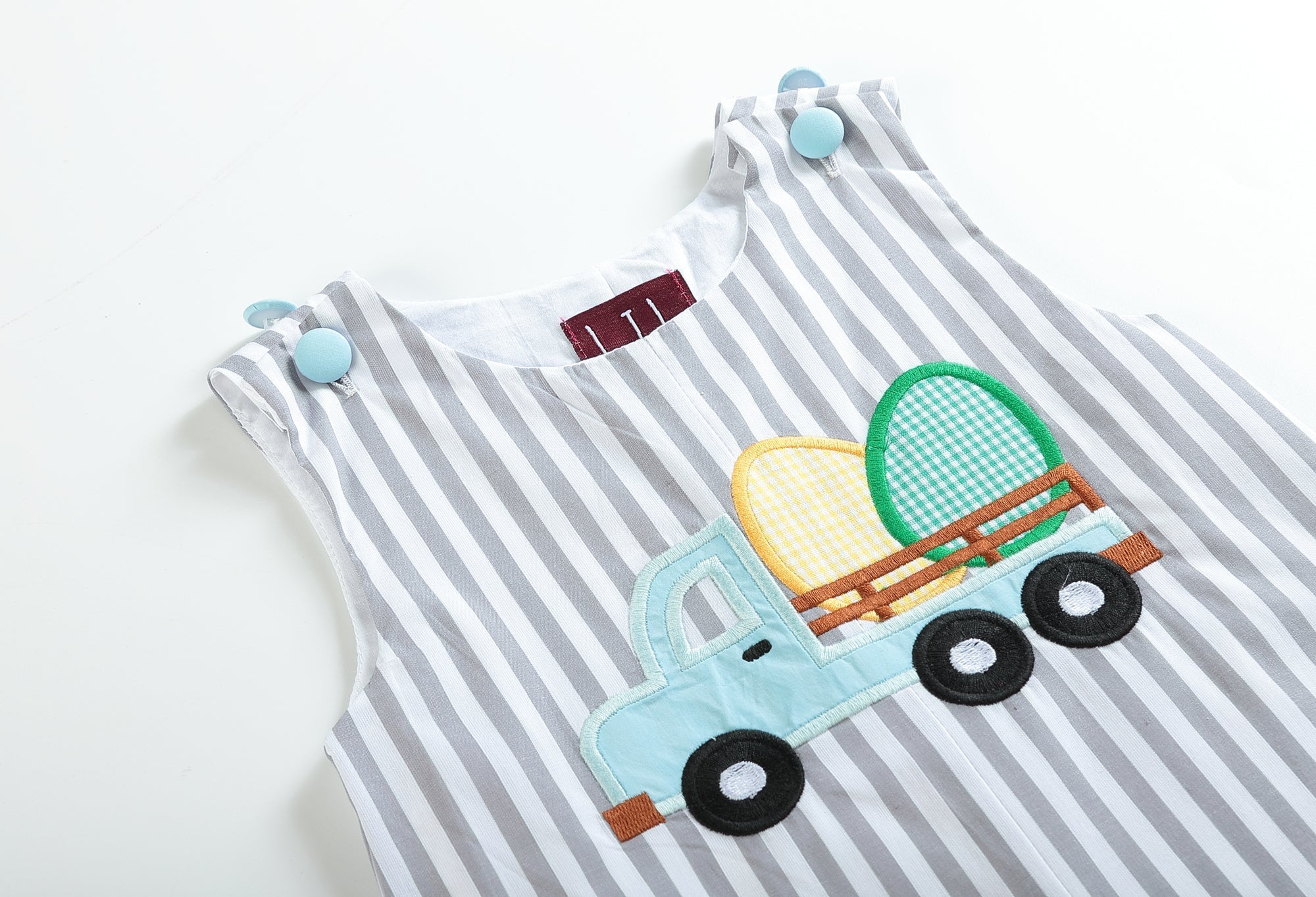 Gray Striped Easter Egg Truck Boys Shortalls