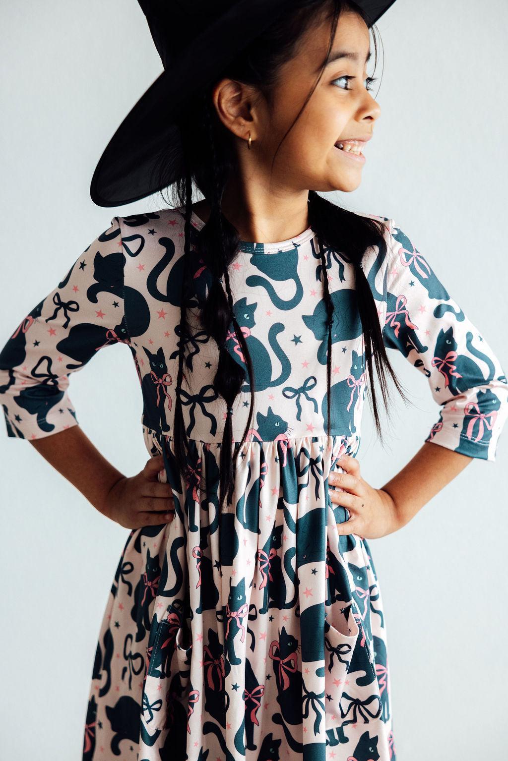 Hocus Purr - cus 3/4 Sleeve Pocket Twirl Dress - Blissfully Lavender BoutiqueMila & Rose ®