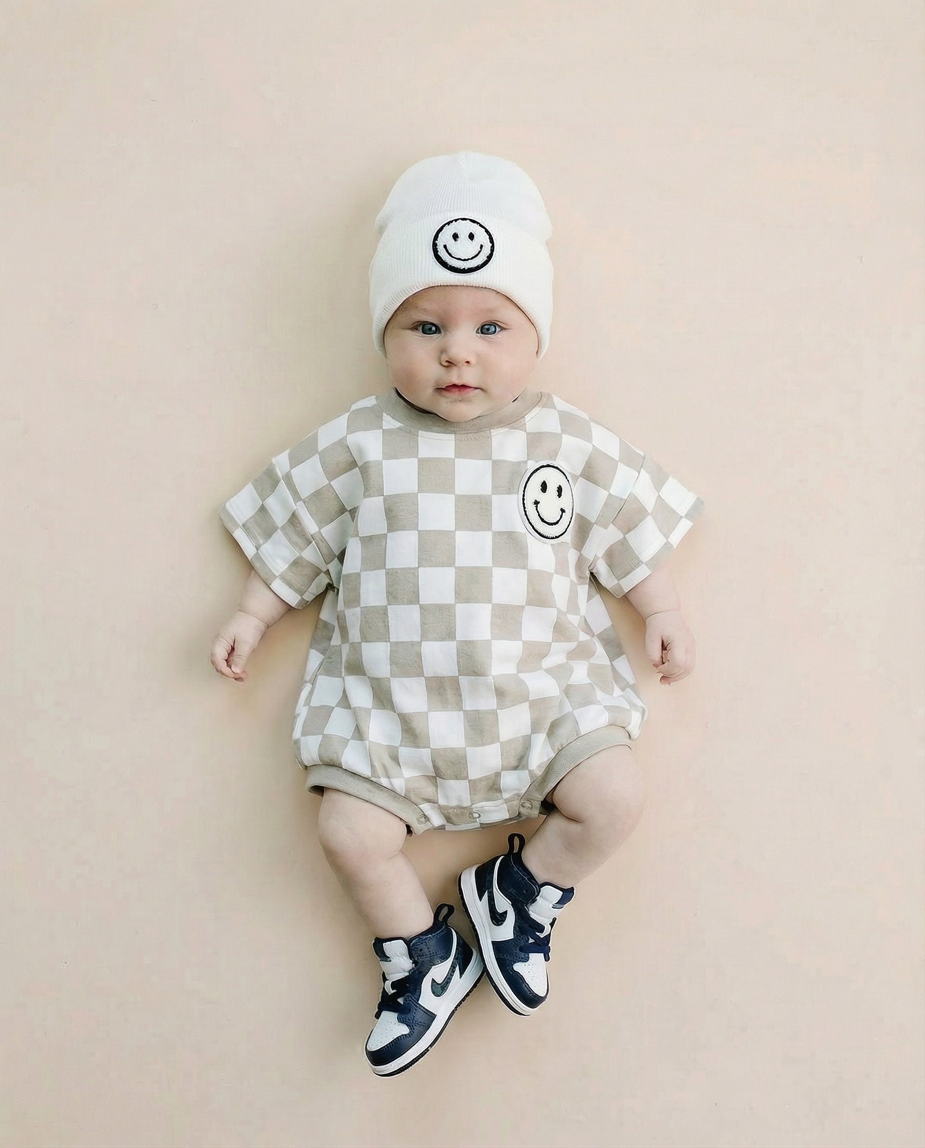 Latte Checkered Smiley Short Sleeve Bubble Romper