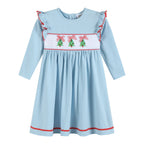 Light Blue Christmas Tree Smocked Knit Dress