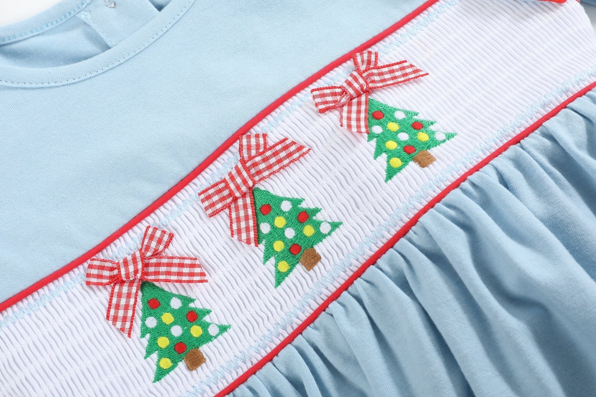 Light Blue Christmas Tree Smocked Knit Dress – Blissfully Lavender Boutique