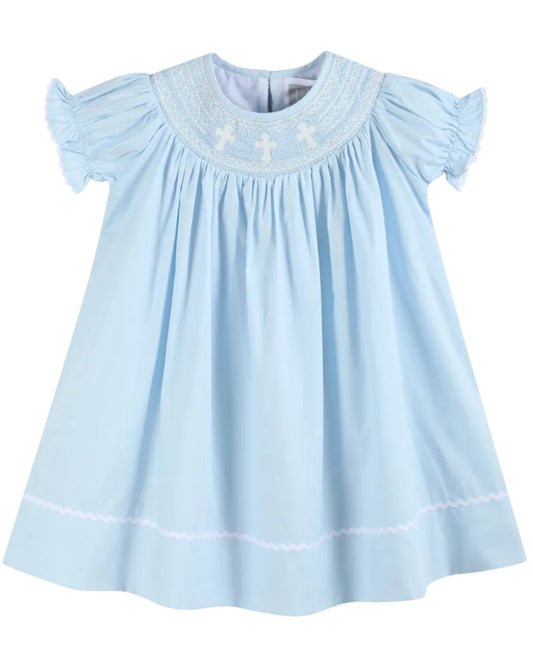 Light Blue Crosses Smocked Bishop Dress