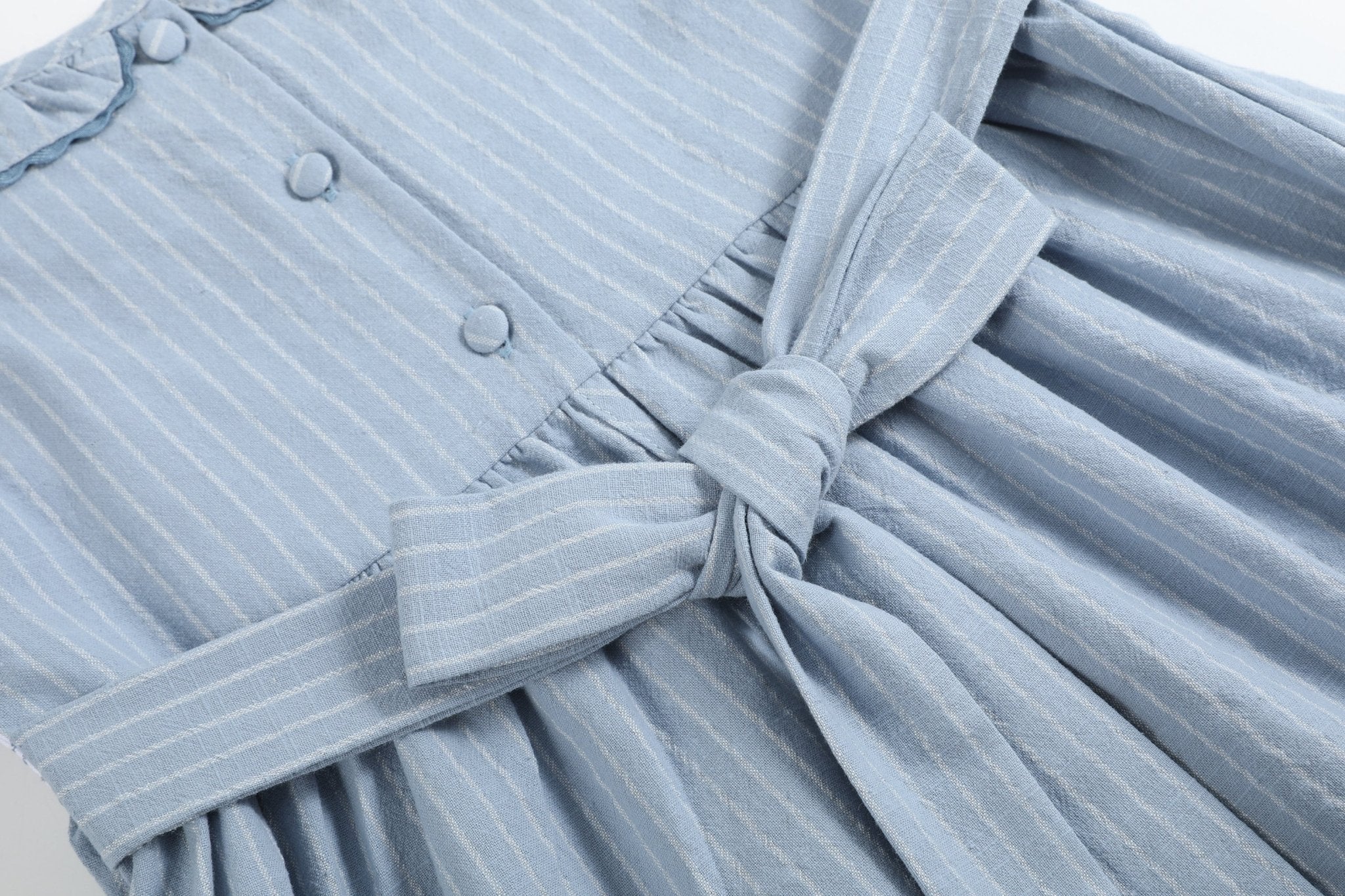 Light Blue Pinstripe Smocked Ruffle Dress