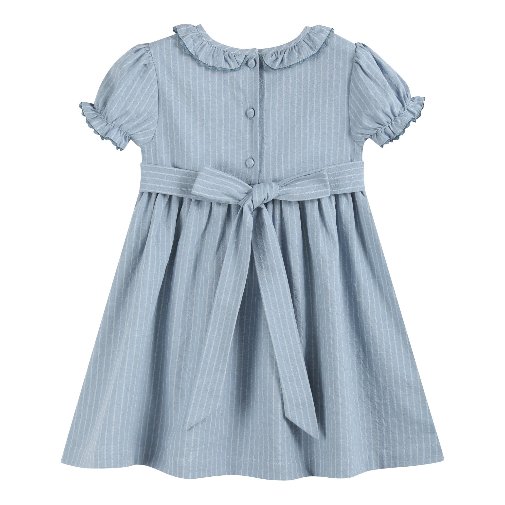 Light Blue Pinstripe Smocked Ruffle Dress