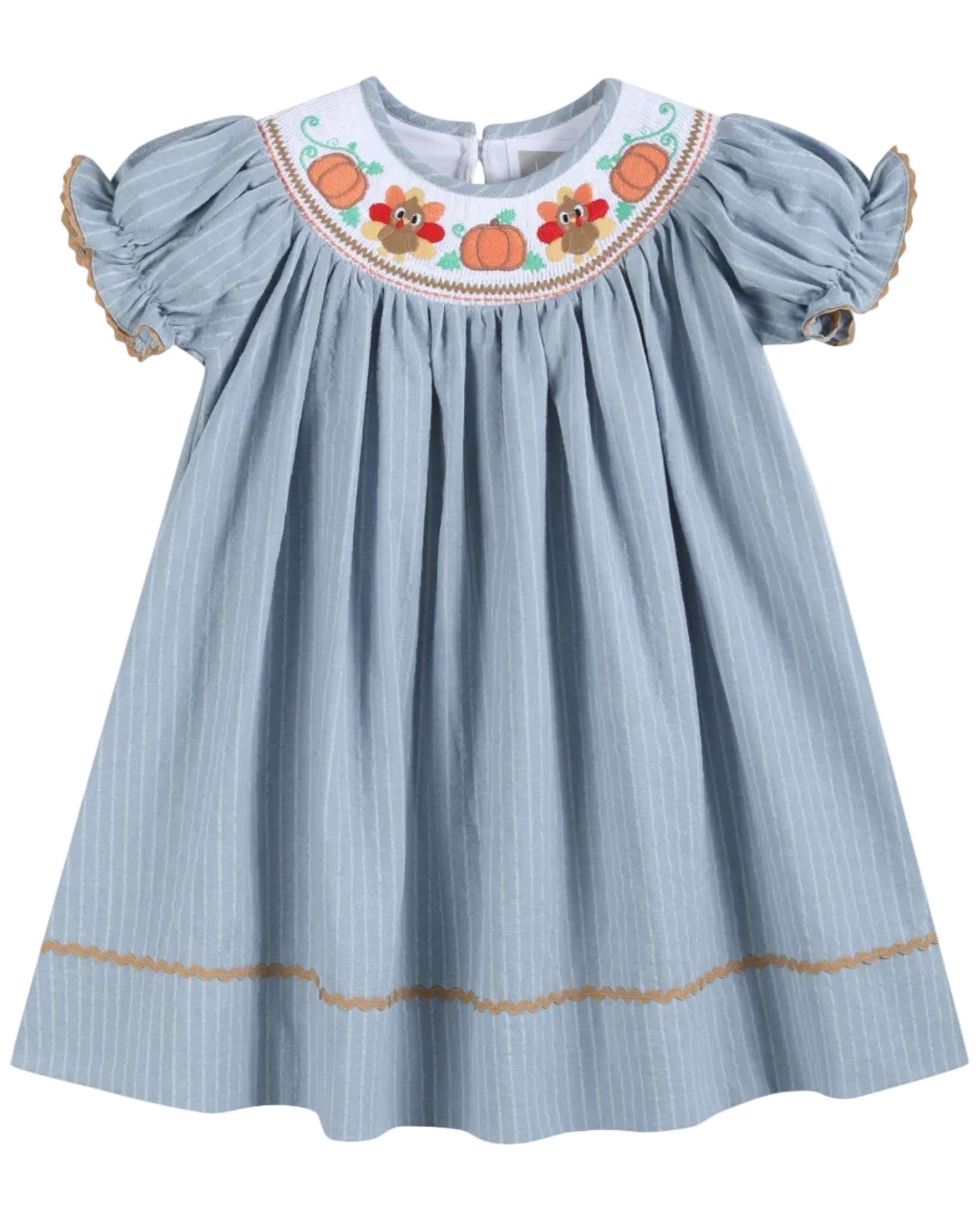 Light Blue Pinstripe Turkey Smocked Bishop Dress