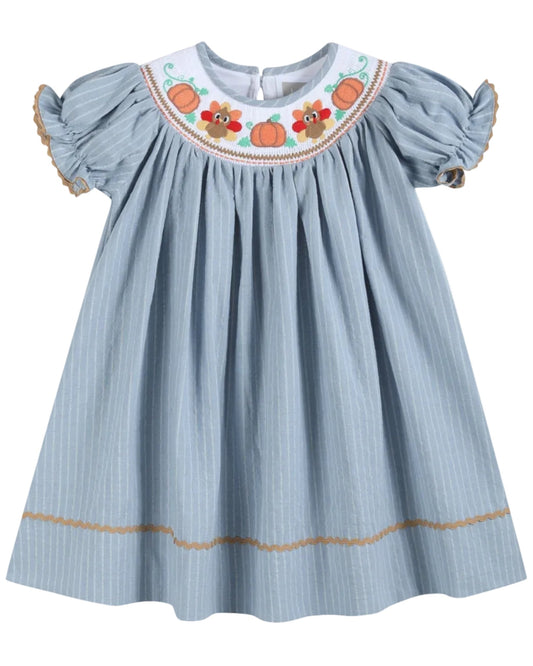 Light Blue Pinstripe Turkey Smocked Bishop Dress