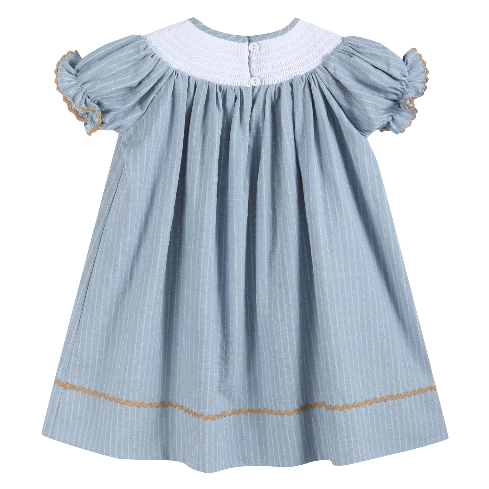 Light Blue Pinstripe Turkey Smocked Bishop Dress