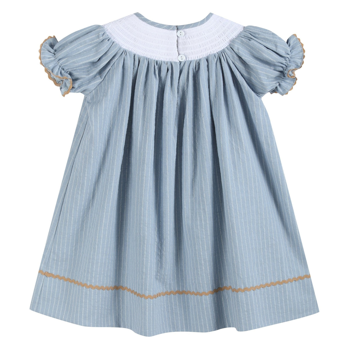 Light Blue Pinstripe Turkey Smocked Bishop Dress