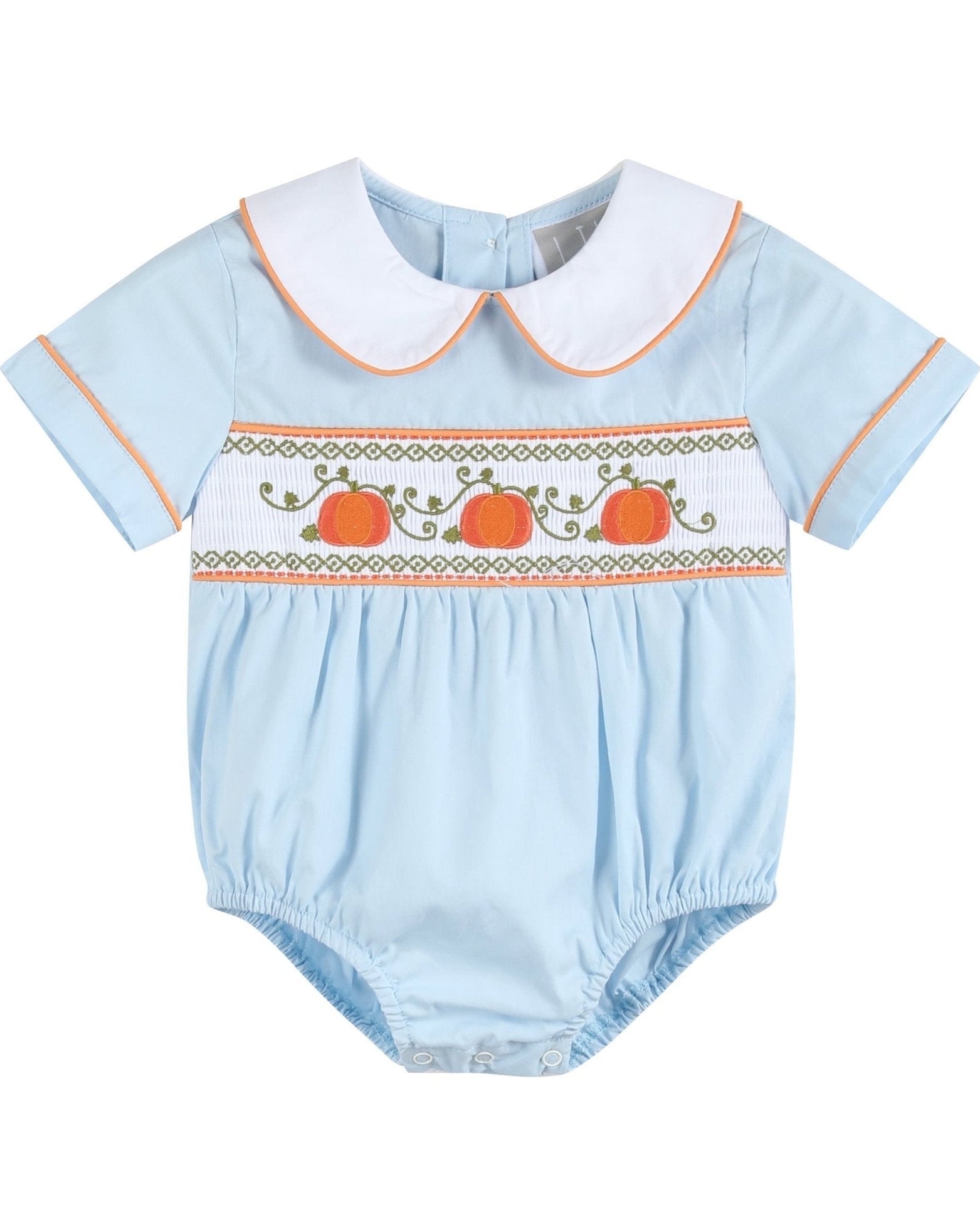 Light Blue Pumpkin Vine Smocked Collared Romper