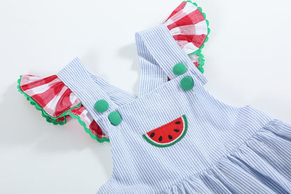 Baby Girl Light Blue Seersucker Watermelon Ruffle Romper