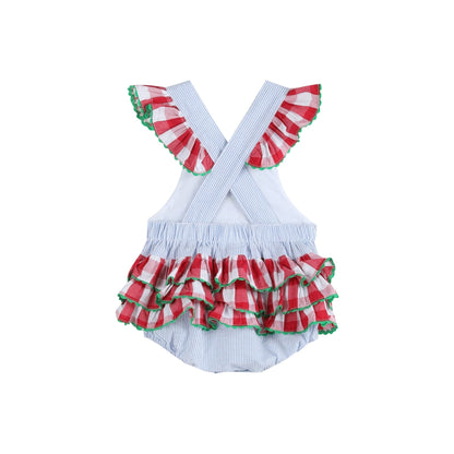 Baby Girl Light Blue Seersucker Watermelon Ruffle Romper