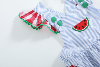 Baby Girl Light Blue Seersucker Watermelon Ruffle Romper