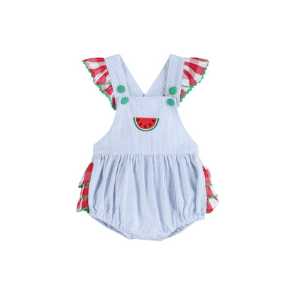 Baby Girl Light Blue Seersucker Watermelon Ruffle Romper