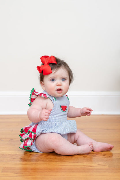 Baby Girl Light Blue Seersucker Watermelon Ruffle Romper