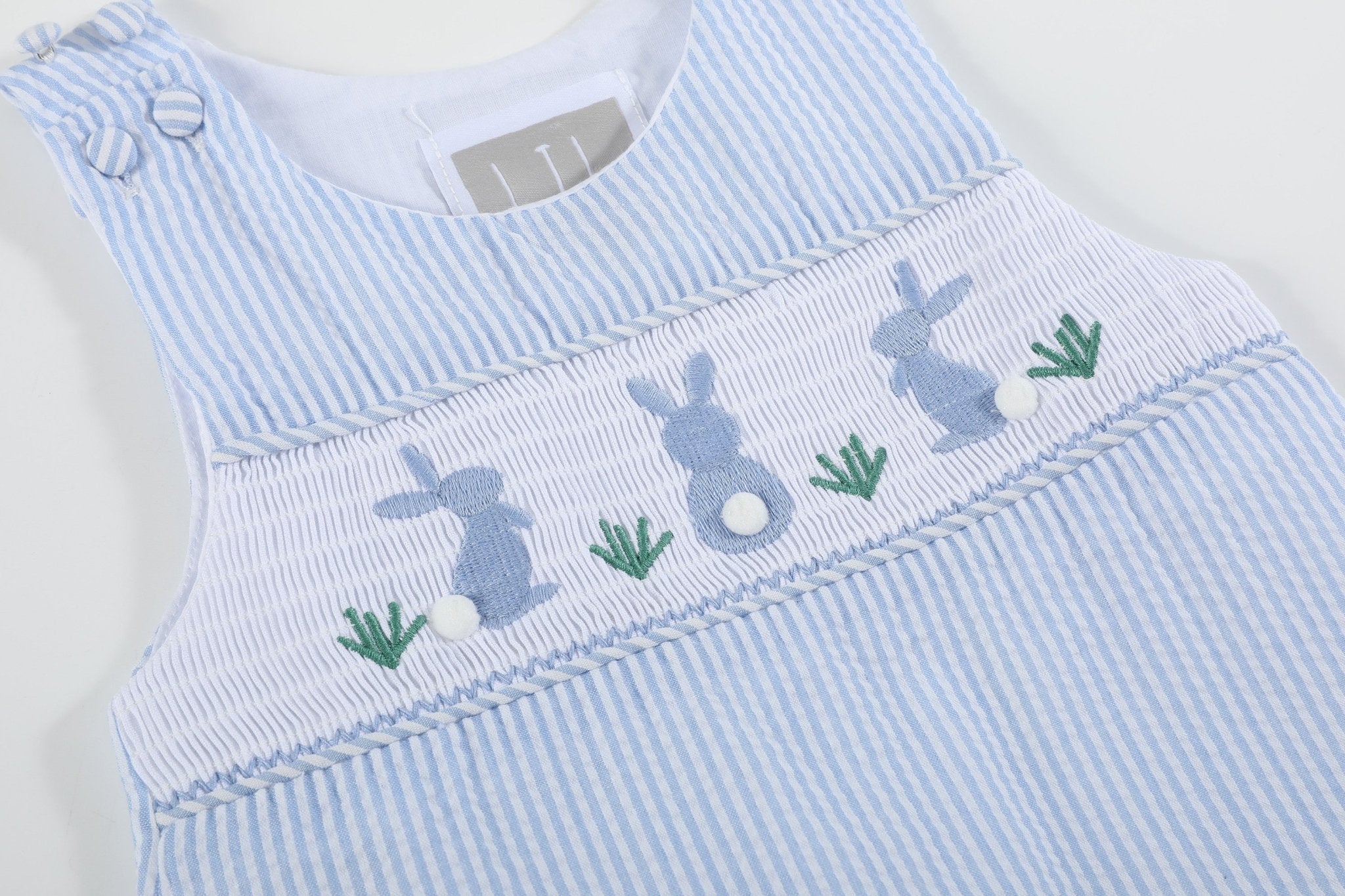 Light Blue Seersucker Easter Bunny Smocked Overalls