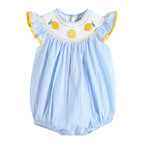 Light Blue Striped Lemons Smocked Ruffle Romper