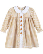 Light Brown Gingham Pumpkin Vine Ruffle Dress
