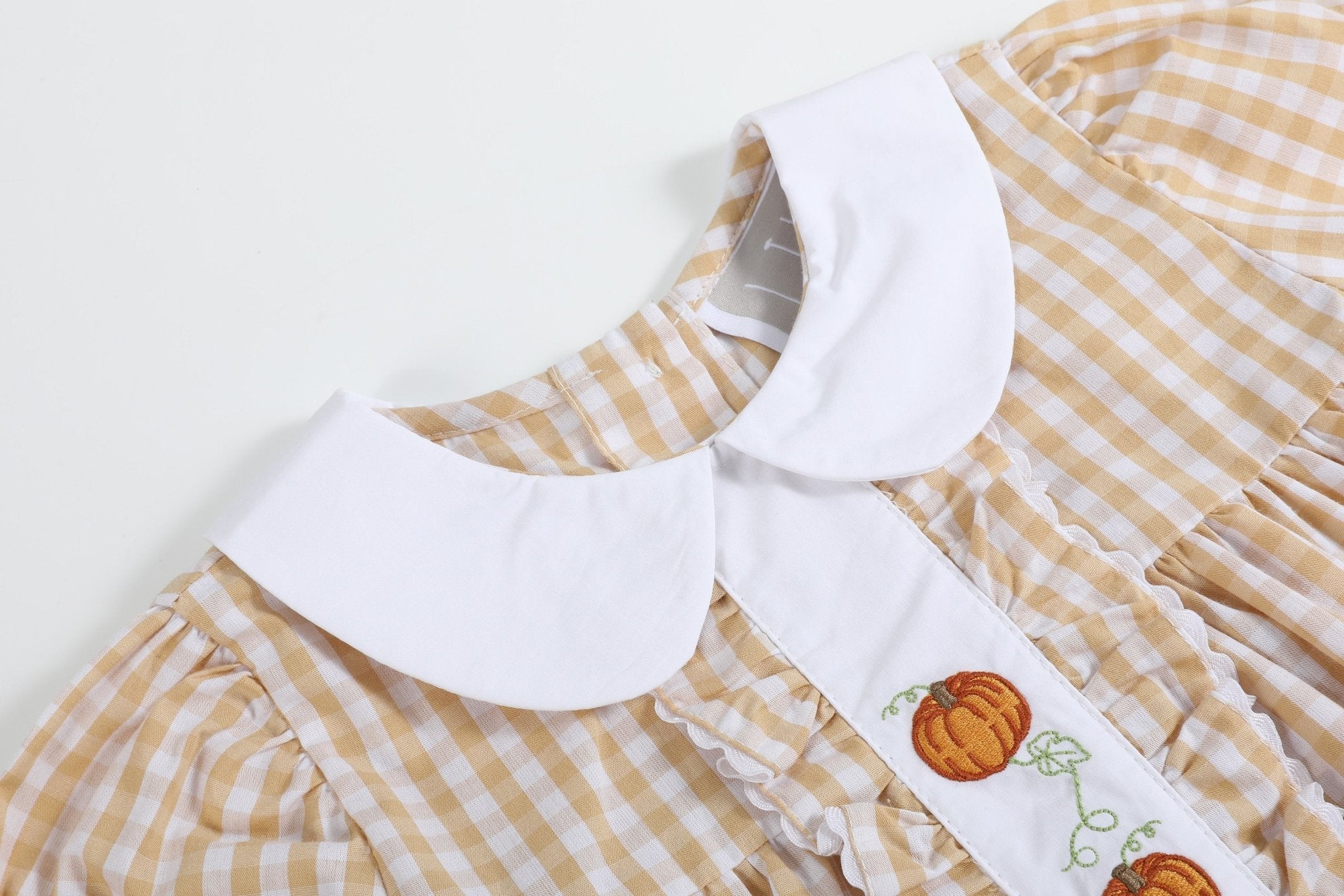 Light Brown Gingham Pumpkin Vine Ruffle Dress
