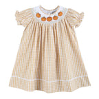 Light Brown Gingham Pumpkin Vine Smocked Bishop Dress