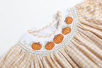 Light Brown Gingham Pumpkin Vine Smocked Bishop Dress