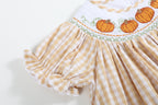 Light Brown Gingham Pumpkin Vine Smocked Bishop Dress