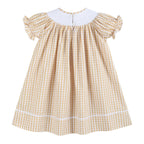 Light Brown Gingham Pumpkin Vine Smocked Bishop Dress