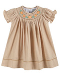 Light Brown Pinstripe Pumpkin Smocked Bishop Dress