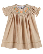Light Brown Pinstripe Pumpkin Smocked Bishop Dress