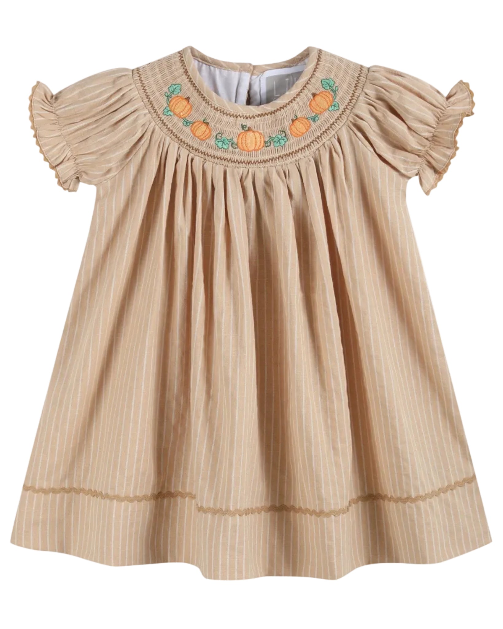 Light Brown Pinstripe Pumpkin Smocked Bishop Dress