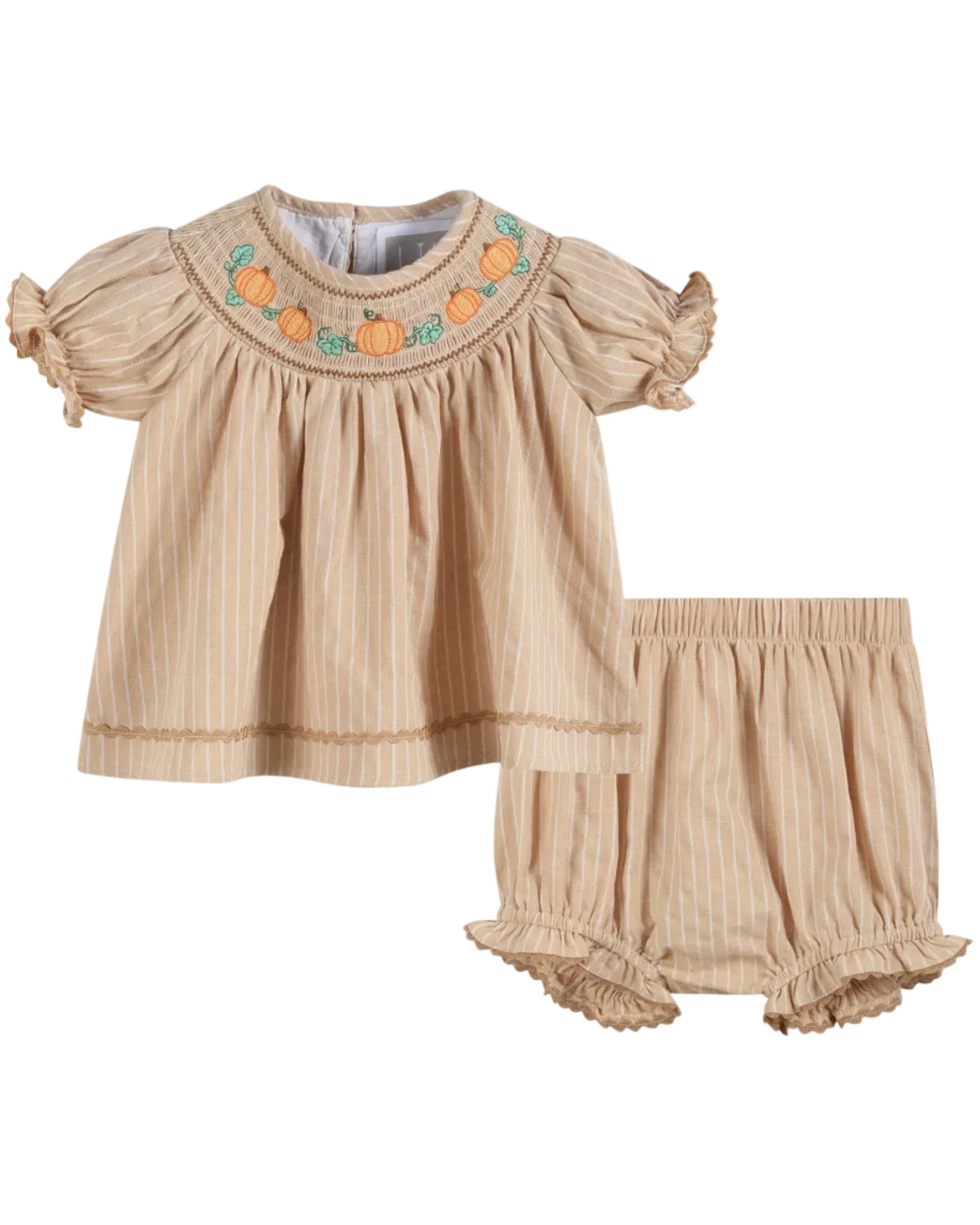 Light Brown Pinstripe Pumpkin Smocked Dress and Bloomer Set