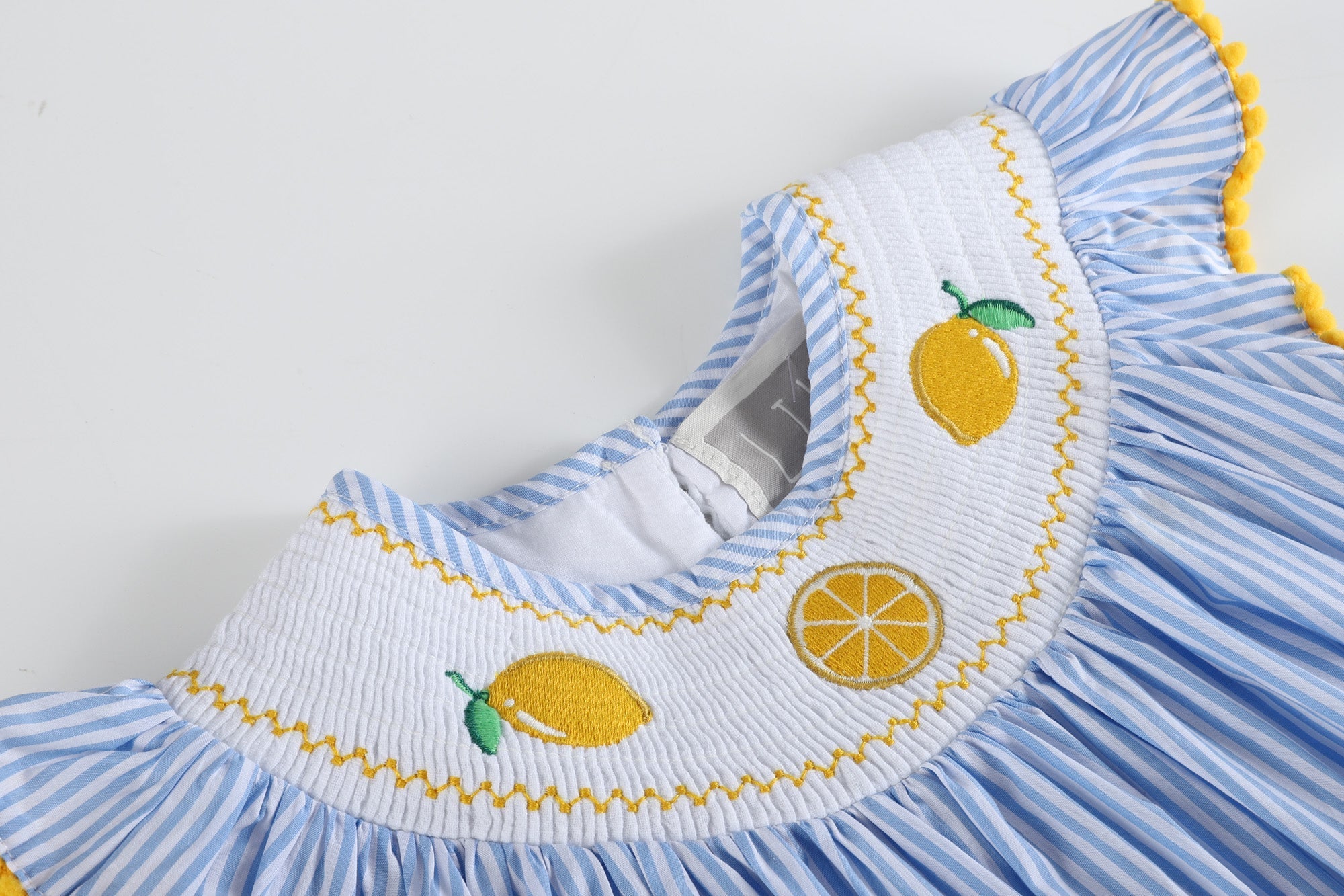 Light Blue Striped Lemon Smocked Bishop Dress
