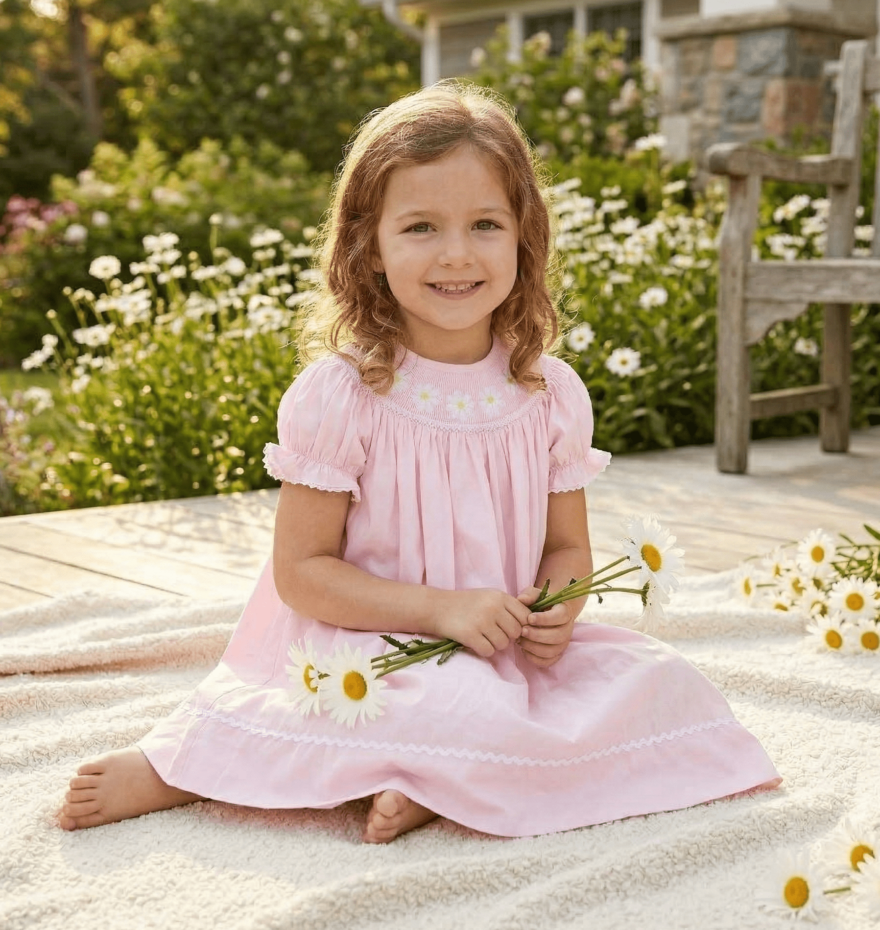 Light Pink Daisy Smocked Bishop Dress