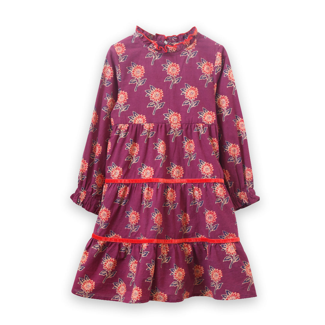 Girls' Long Sleeves Tiered Skirt Dress with Velvet Trim | Purple and Red